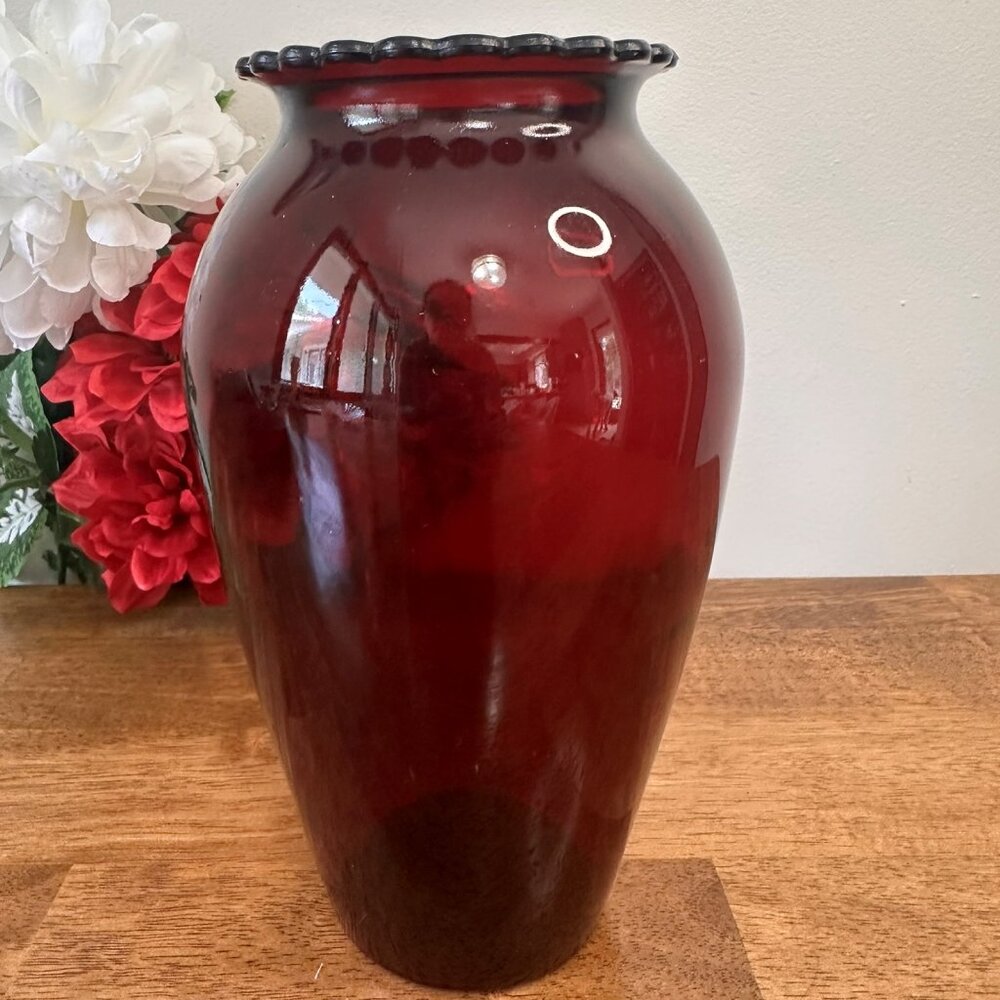 Vintage Anchor Hocking Ruby Red Royal Glass Vase Scalloped Rim MCM Floral Decor